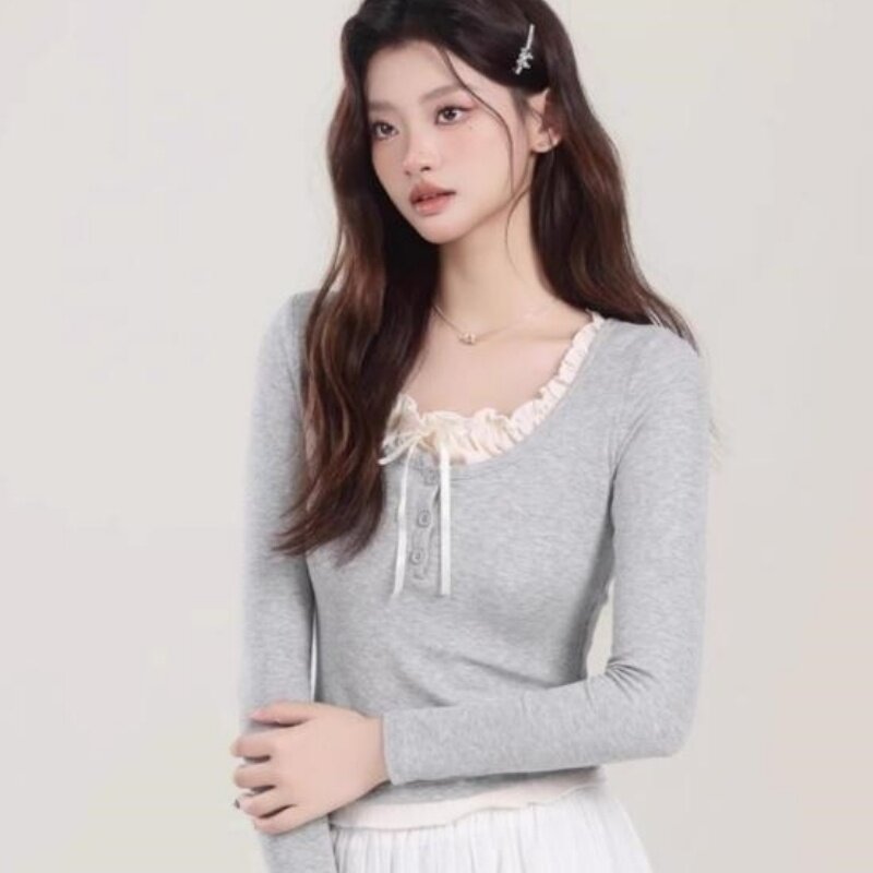 潮流设计感木耳边假两件长袖t恤女2026春秋季纯欲甜美少女风上衣