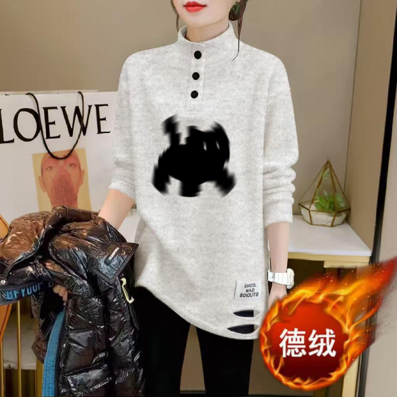 超好看破洞纽扣长袖T恤半高领女装秋季宽松慵懒风猫咪印花上衣ins