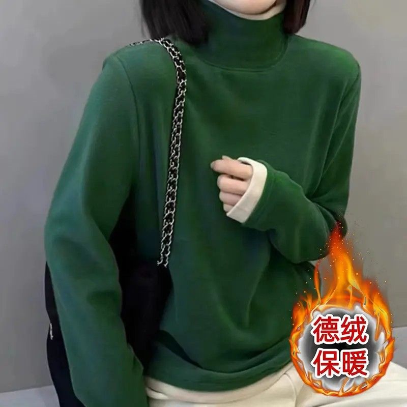 德绒保暖长袖T恤半高领女秋冬内搭百搭时尚简约撞色打底衫上衣潮