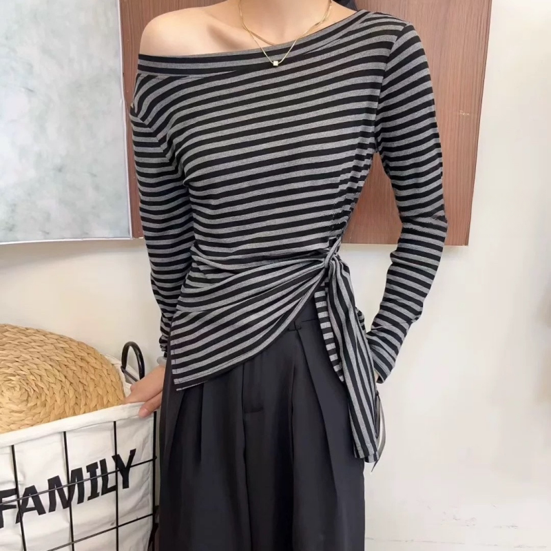 漂亮MM长袖T恤辣妹时尚绑带洋气女装秋季新款收腰显瘦打底衫上衣
