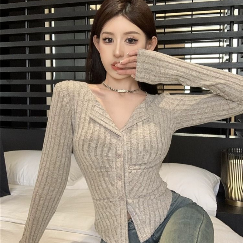 秋季翻领竖条纹软糯针织衫外套女装修身开衫纽扣设计感上衣ins潮