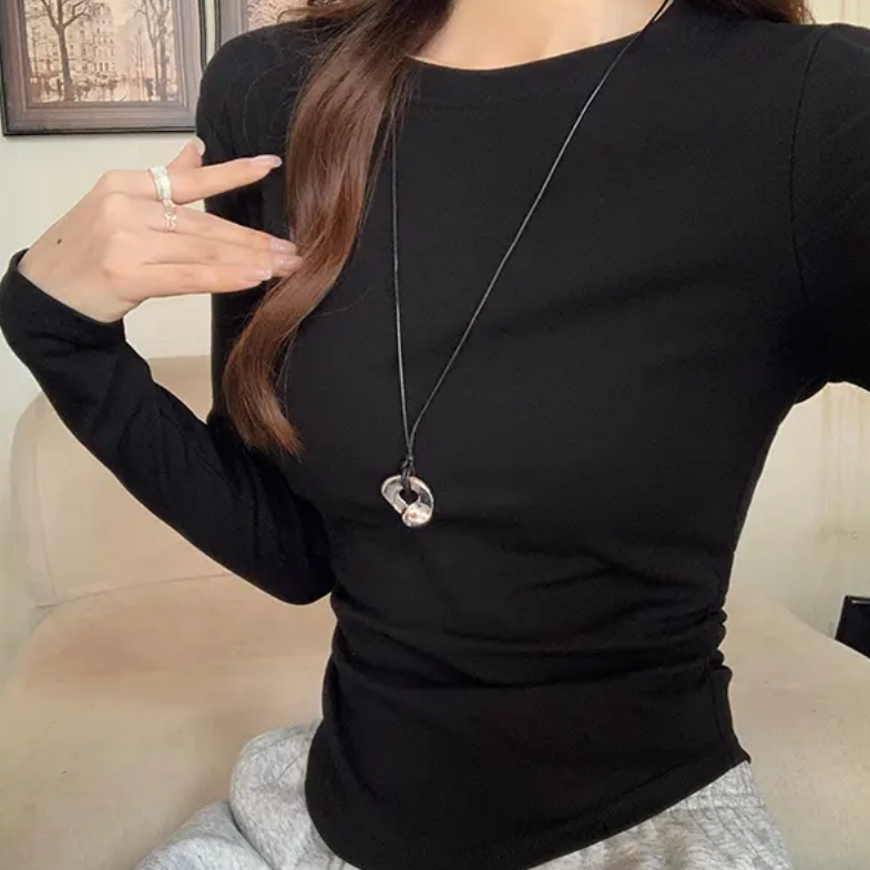 潮流新款长袖T恤女装漂亮出片衣服秋冬时尚收腰褶皱弧形下摆上衣