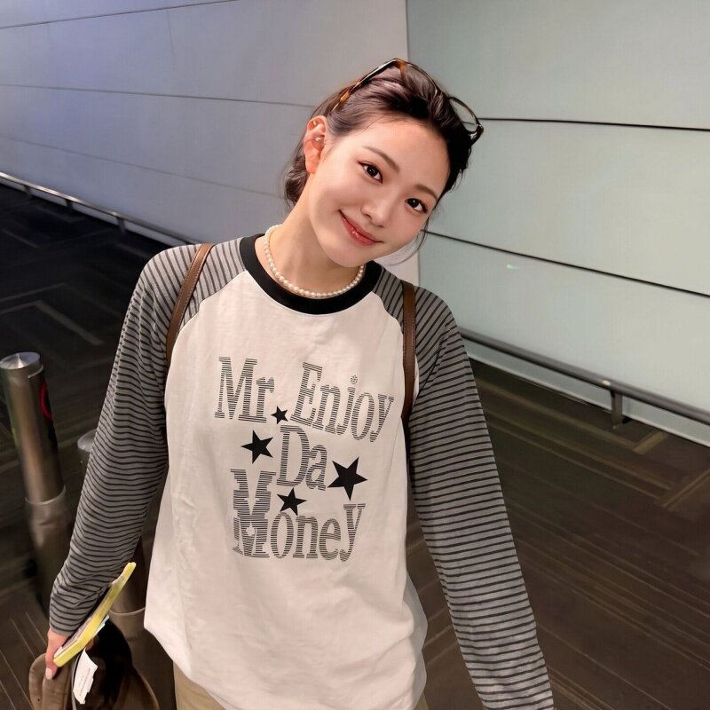 韩式春秋条纹星星复古长袖T恤女巨好看宽松慵懒休闲潮流百搭上衣