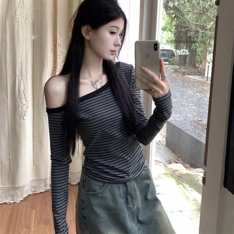小个子chic气质韩版斜领撞色条纹修身显瘦长袖T恤秋季女上衣ins潮