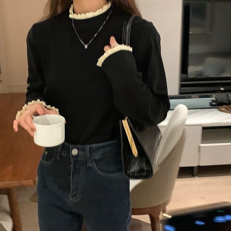 新款双面德绒保暖长袖t恤女秋冬圆领修身显瘦蕾丝花边设计感上衣