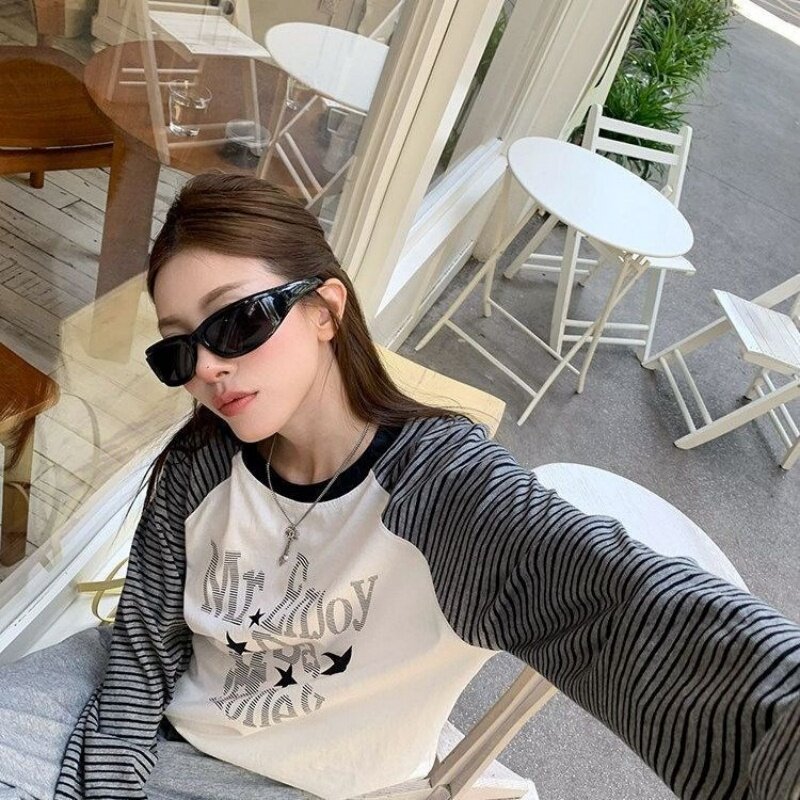 复古字母星星印花长袖T恤女春秋季宽松慵懒风休闲百搭潮流上衣ins