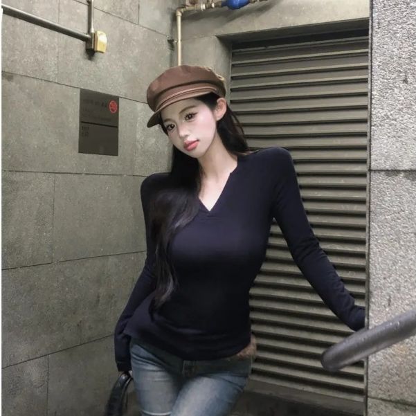 春秋美式V领紧身显身材正肩长袖t恤打底衫辣妹纯欲内搭显瘦上衣女