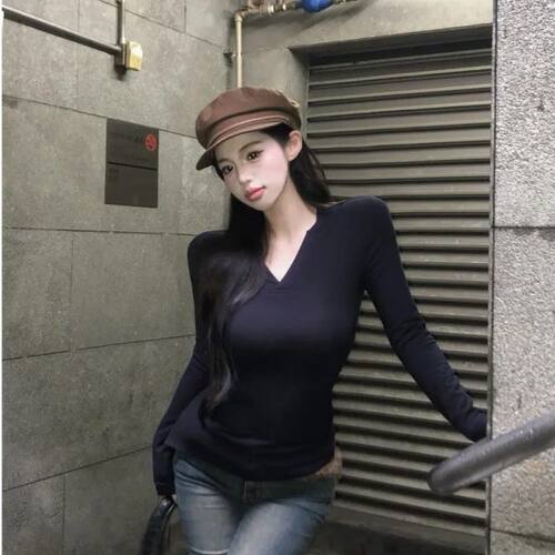 春秋美式V领紧身显身材正肩长袖t恤打底衫辣妹纯欲内搭显瘦上衣女
