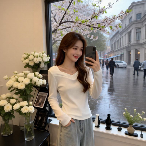 正肩遮肚子超好看女装秋季德绒打底衫长袖t恤v领内搭保暖上衣ins