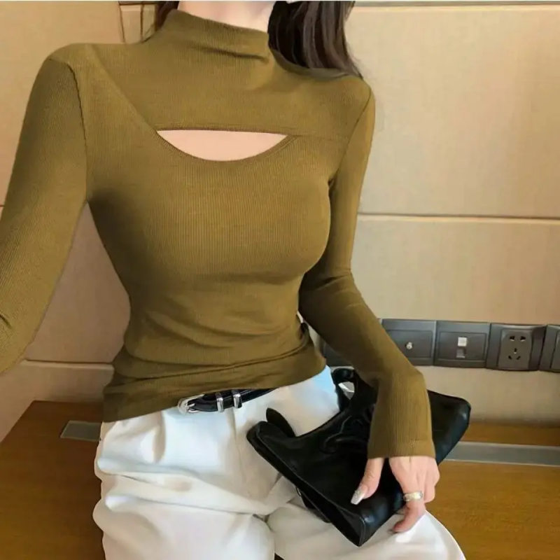 镂空内搭长袖T恤纯色女新款春秋修身高级感别致半高领打底衫上衣