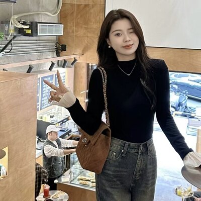 黑色半高领德绒磨毛女长袖T恤秋冬季新款修身显瘦保暖打底衫上衣