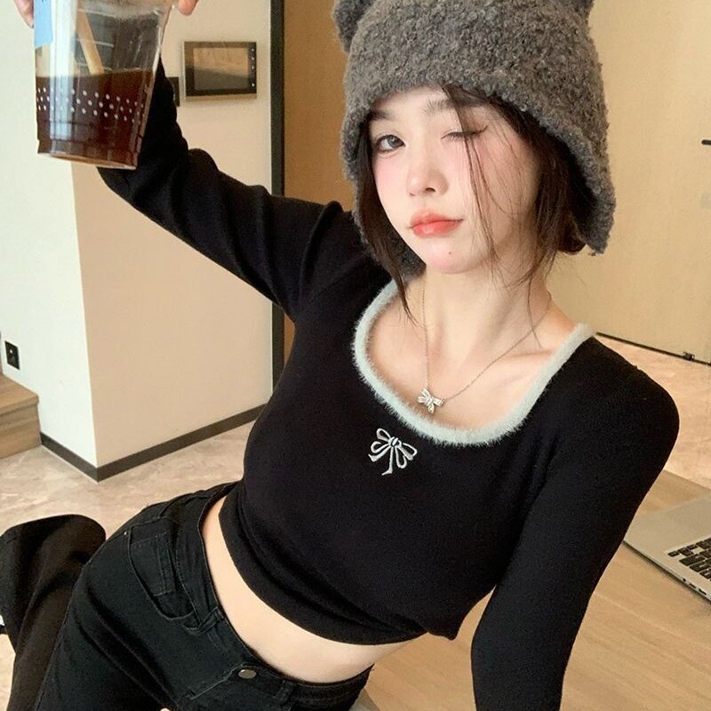 德绒保暖内搭蝴蝶结刺绣方领打底女秋冬修身显瘦短款长袖t恤上衣