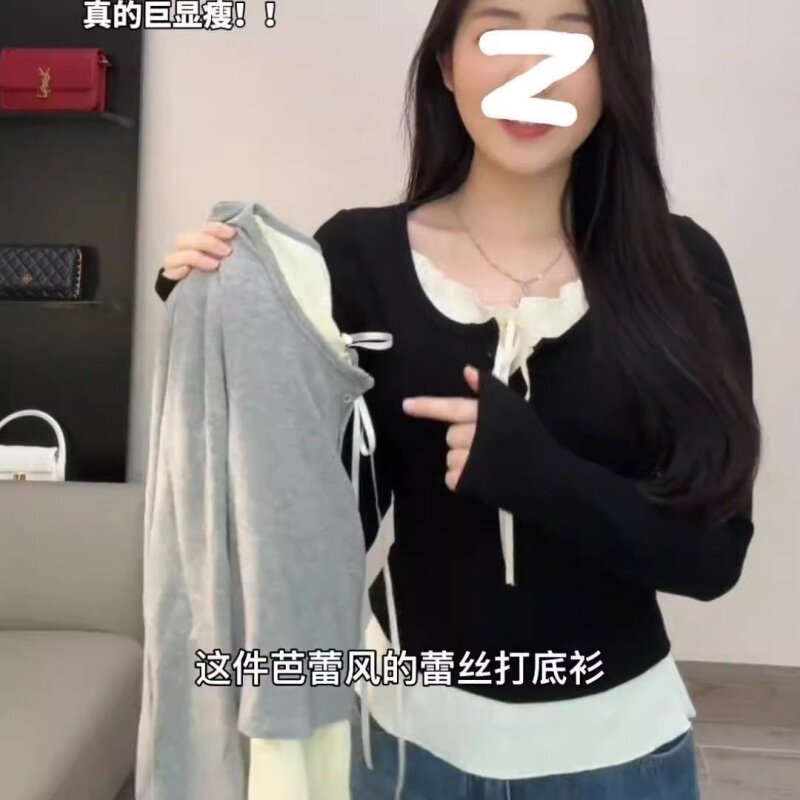 正肩木耳边长袖t恤拼接小众秋季新款设计感甜美少女温柔风上衣女