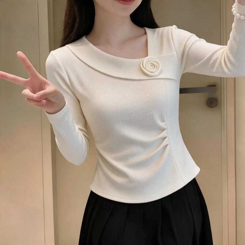 2026秋季立体玫瑰花满天星亮片长袖上衣修身气质通勤高级感t恤衫