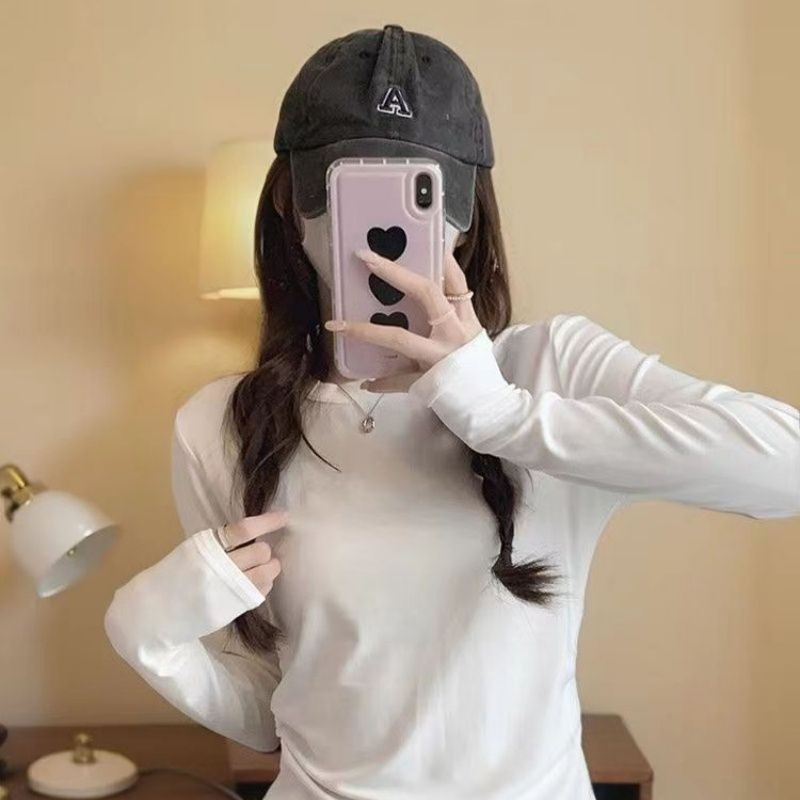 圆领设计感弧形下摆褶皱新款长袖T恤女装秋冬修身收腰打底衫上衣