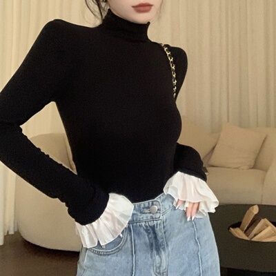 黑色半高领打底衫女装2026秋冬新款德绒内搭喇叭袖设计感长袖T恤