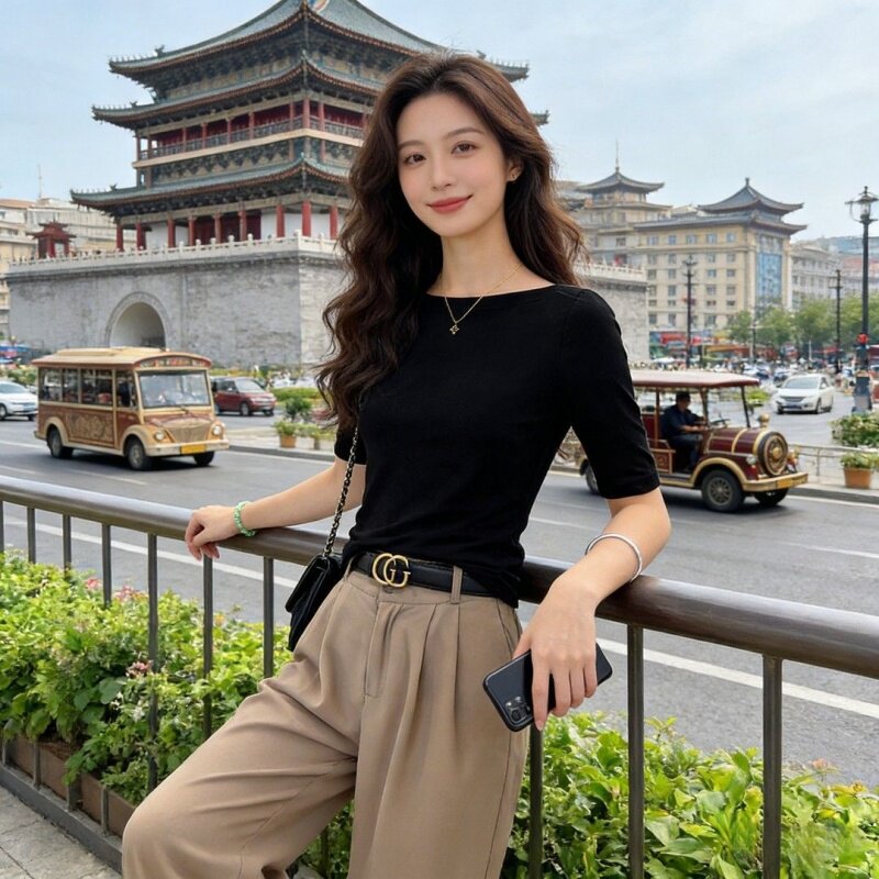 一字肩中袖t恤女2026春夏新款修身显瘦时尚高级感五分袖打底上衣