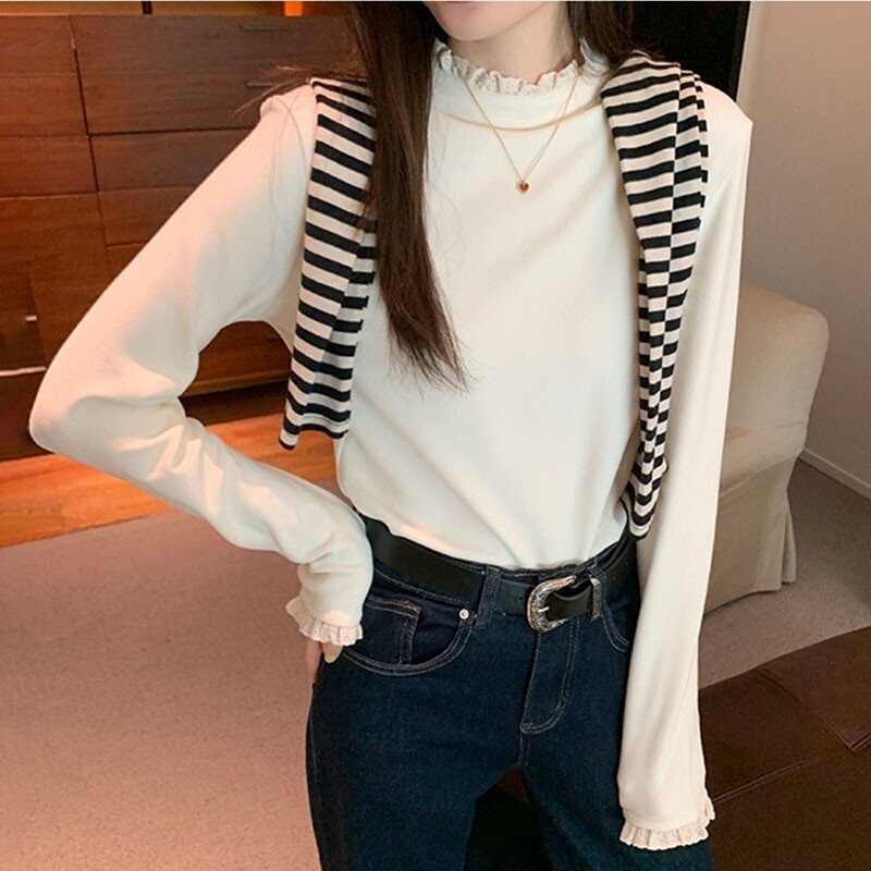 别致洋气半高领蕾丝拼接内搭上衣秋冬德绒保暖女打底衫长袖t恤衫