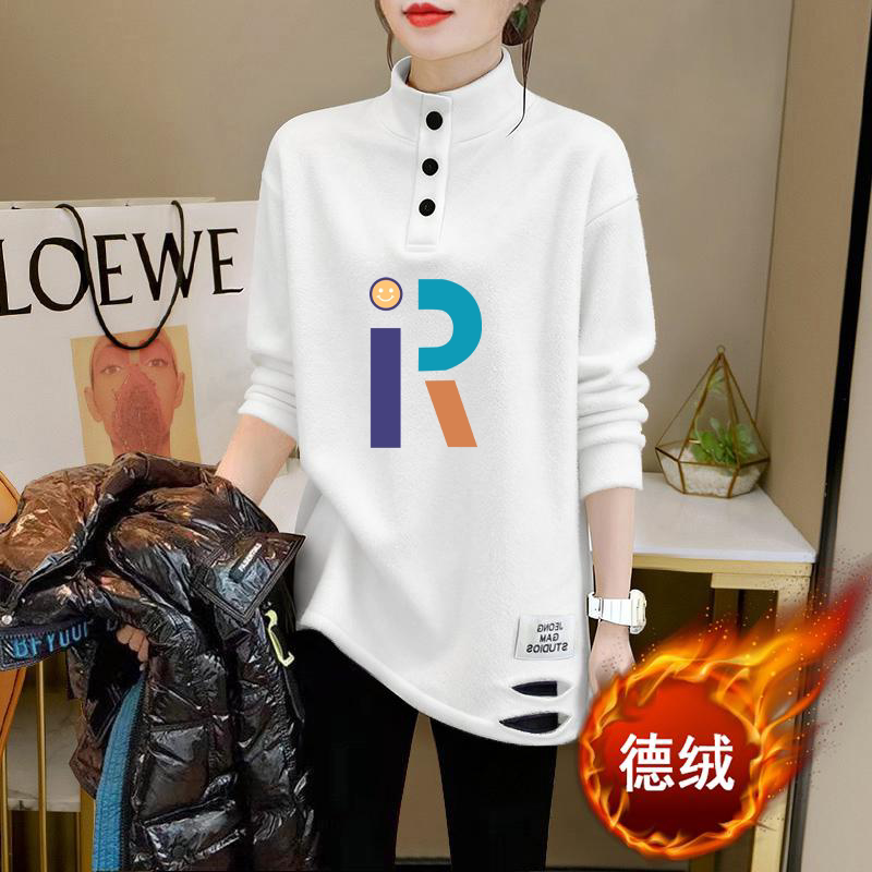 韩版字母印花半高领长袖T恤女2026秋冬宽松中长款破洞纽扣上衣ins