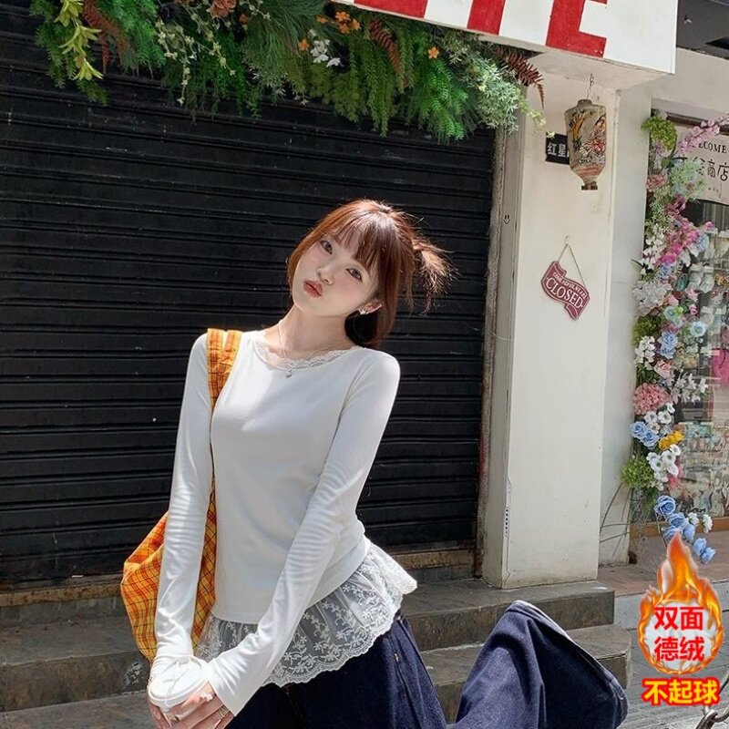 芭蕾风长袖t恤女2026秋冬新款设计感白色双面德绒打底衫内搭上衣