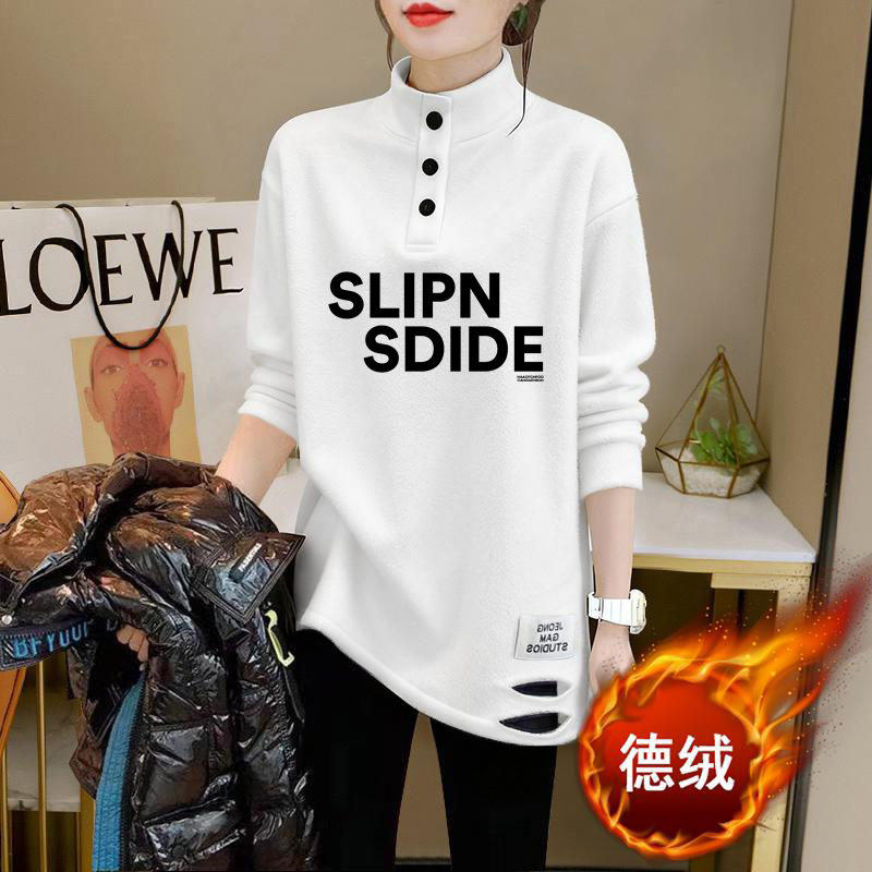 美式复古趣味印花半高领长袖T恤女装秋季宽松设计感破洞纽扣上衣