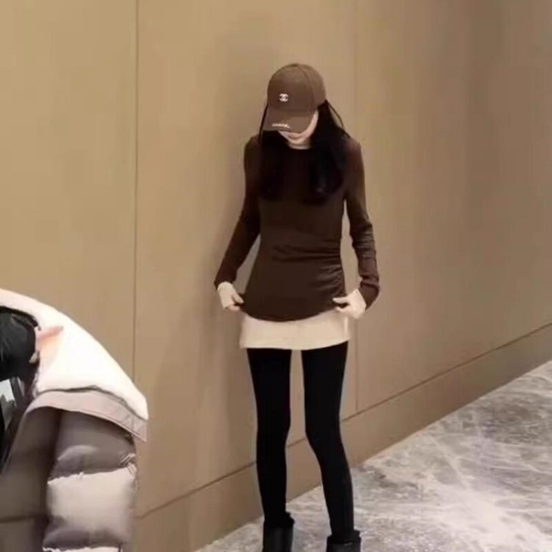 2026秋冬拼色假两件德绒磨毛保暖长袖T恤女褶皱修身显瘦内搭上衣