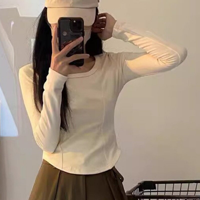 德绒方领打底短款修身内搭长袖T恤女秋冬纯色弧形下摆设计感上衣
