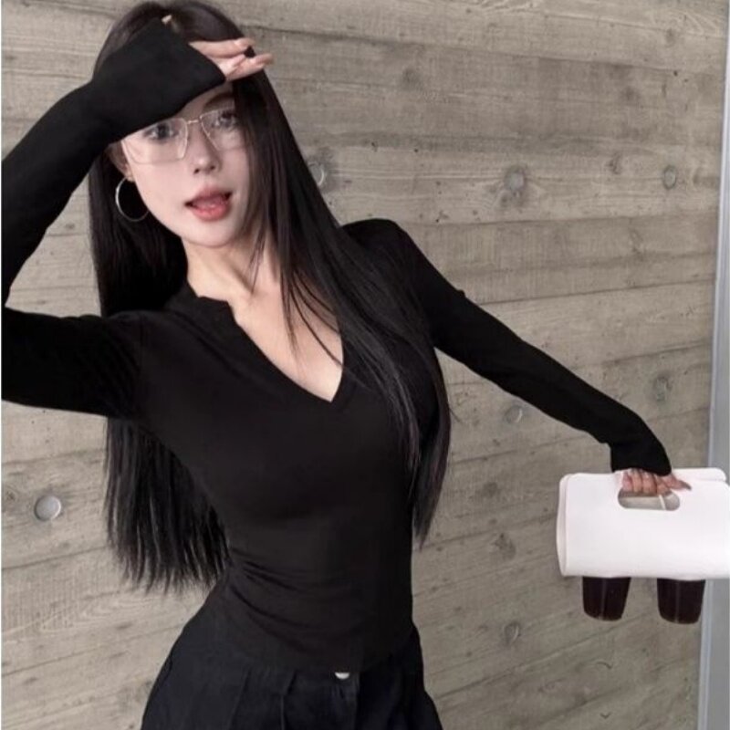 纯色简约正肩长袖t恤女春秋季内搭性感心机低V领修身打底辣妹上衣