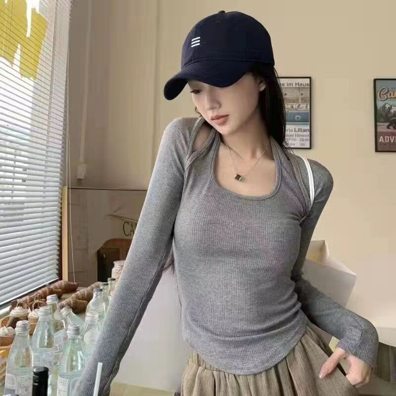 新款挂脖长袖t恤女春秋季薄款设计感长袖打底衫辣妹修身别致上衣