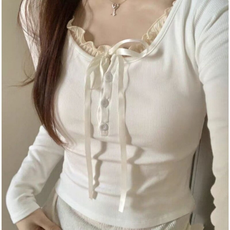 蝴蝶结系带t恤上衣女春秋季新款拼接假两件长袖甜美少女别致小衫