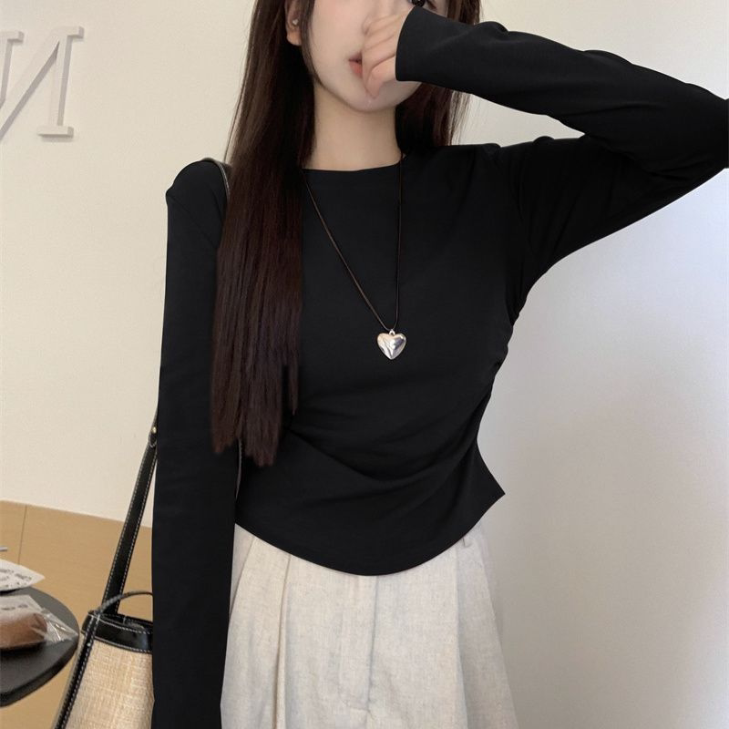 韩系长袖t恤女秋冬季收腰百搭时尚修身休闲圆领褶皱打底衫上衣潮