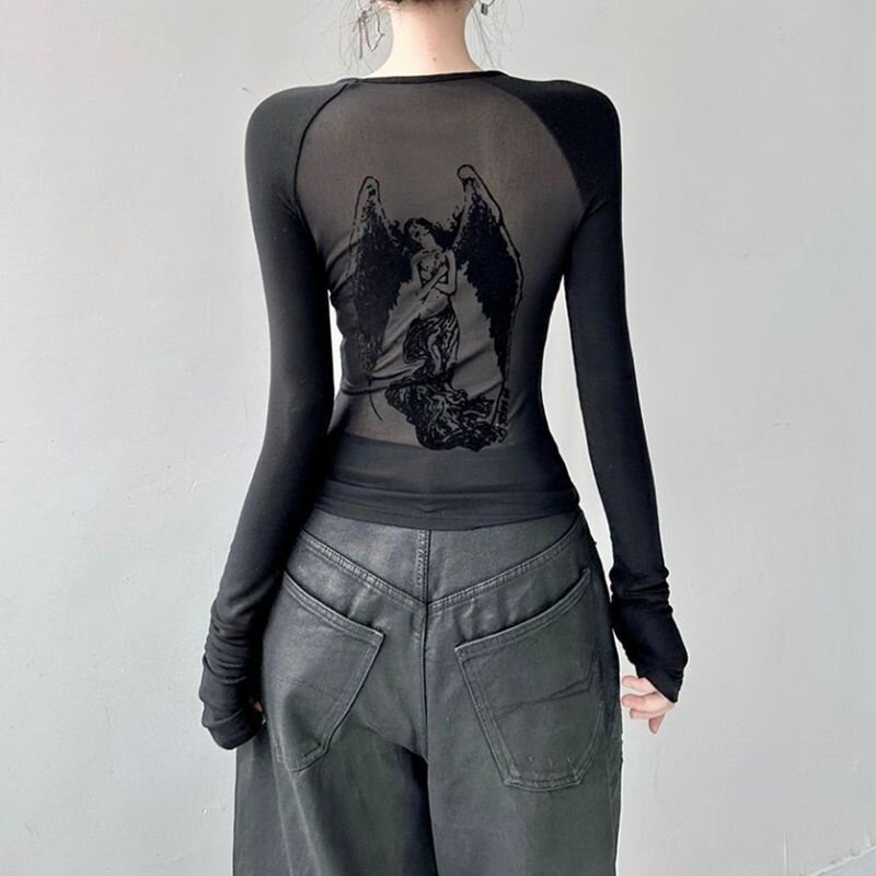 辣妹风天使印花2026春秋长袖内搭打底衫修身显瘦短款T恤女上衣潮
