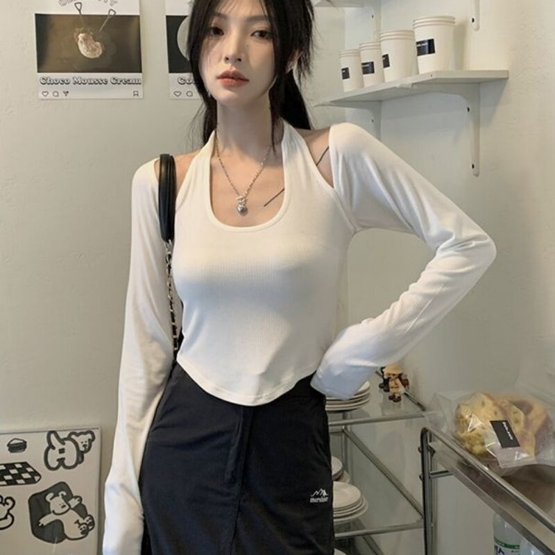 设计感辣妹挂脖露肩长袖T恤上衣女春秋季纯色修身百搭短款打底衫