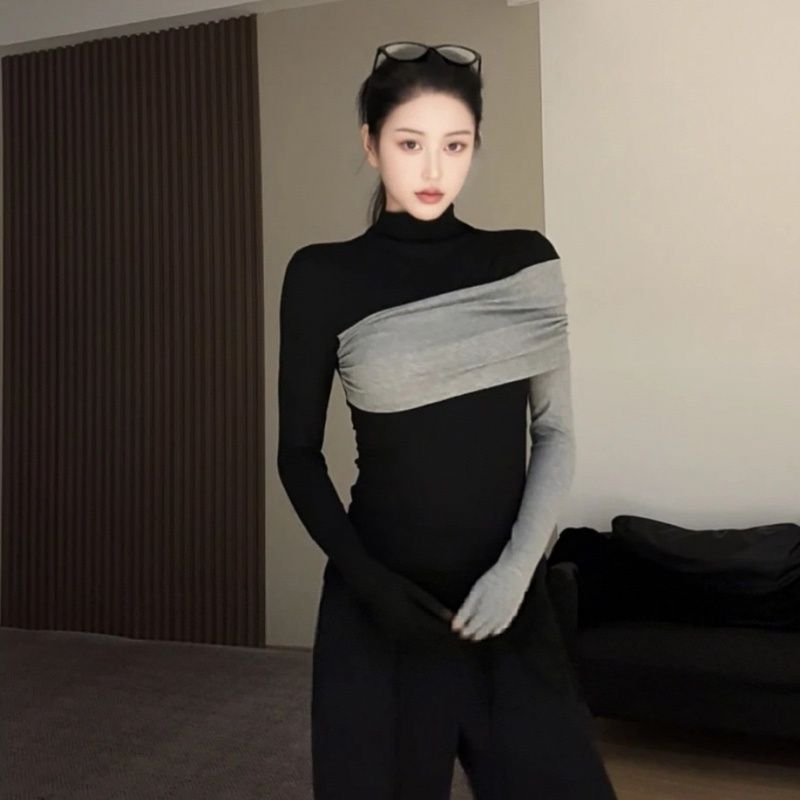设计感半高领拼接黑色长袖T恤女秋冬德绒保暖修身打底衫上衣ins潮