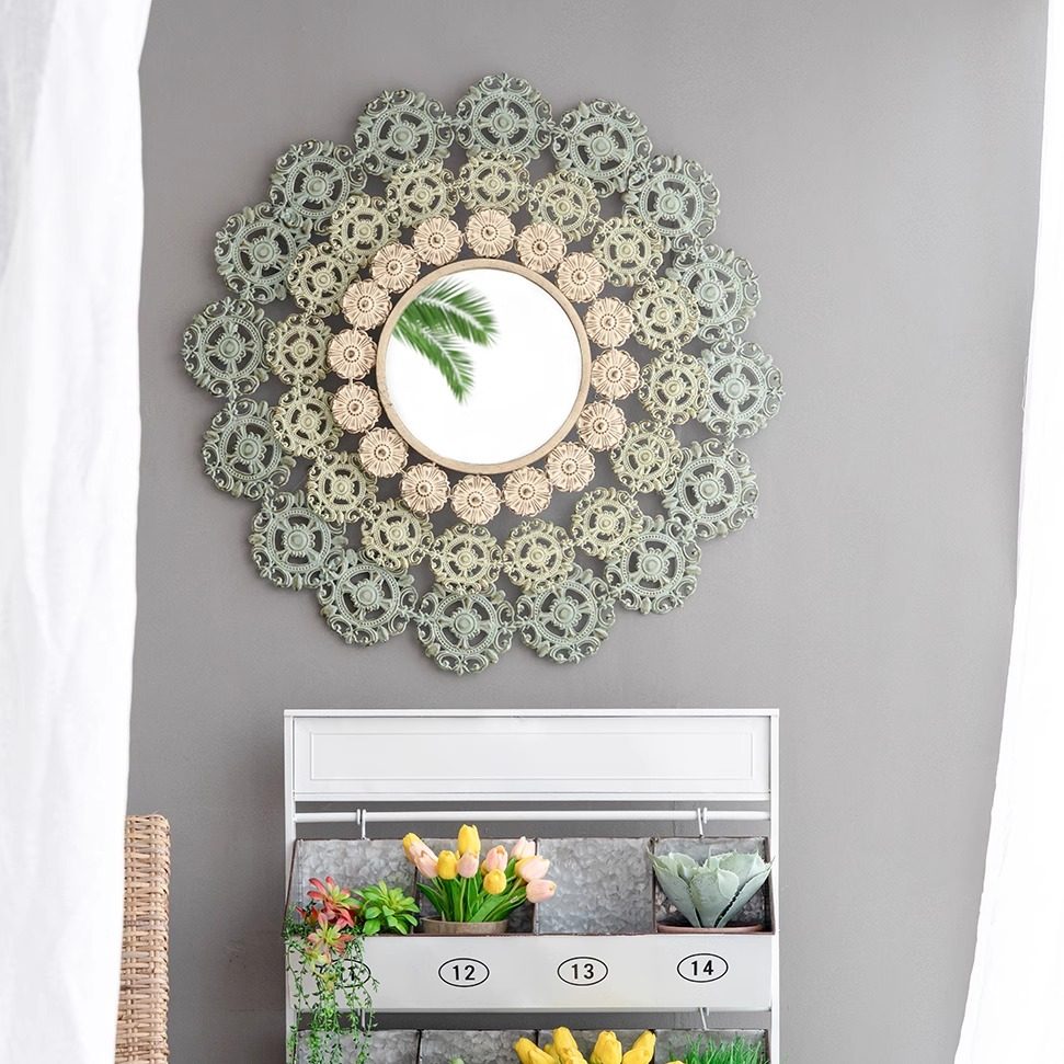 AB HOUSE出口美国复古做旧铁艺太阳装饰镜墙饰壁饰玄关客厅走廊画