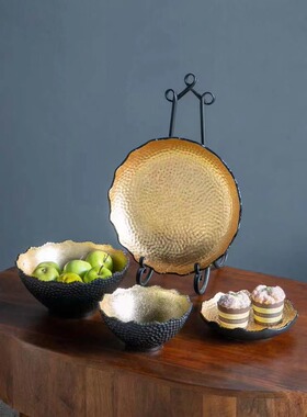 ABHOUSE印度进口手工纹粗陶制铝制盘黑金茶几收纳盘果盘置物摆件