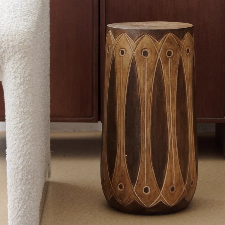 DSH法式复古做旧实木雕花木墩换鞋凳民宿花园客厅走廊边桌摆件