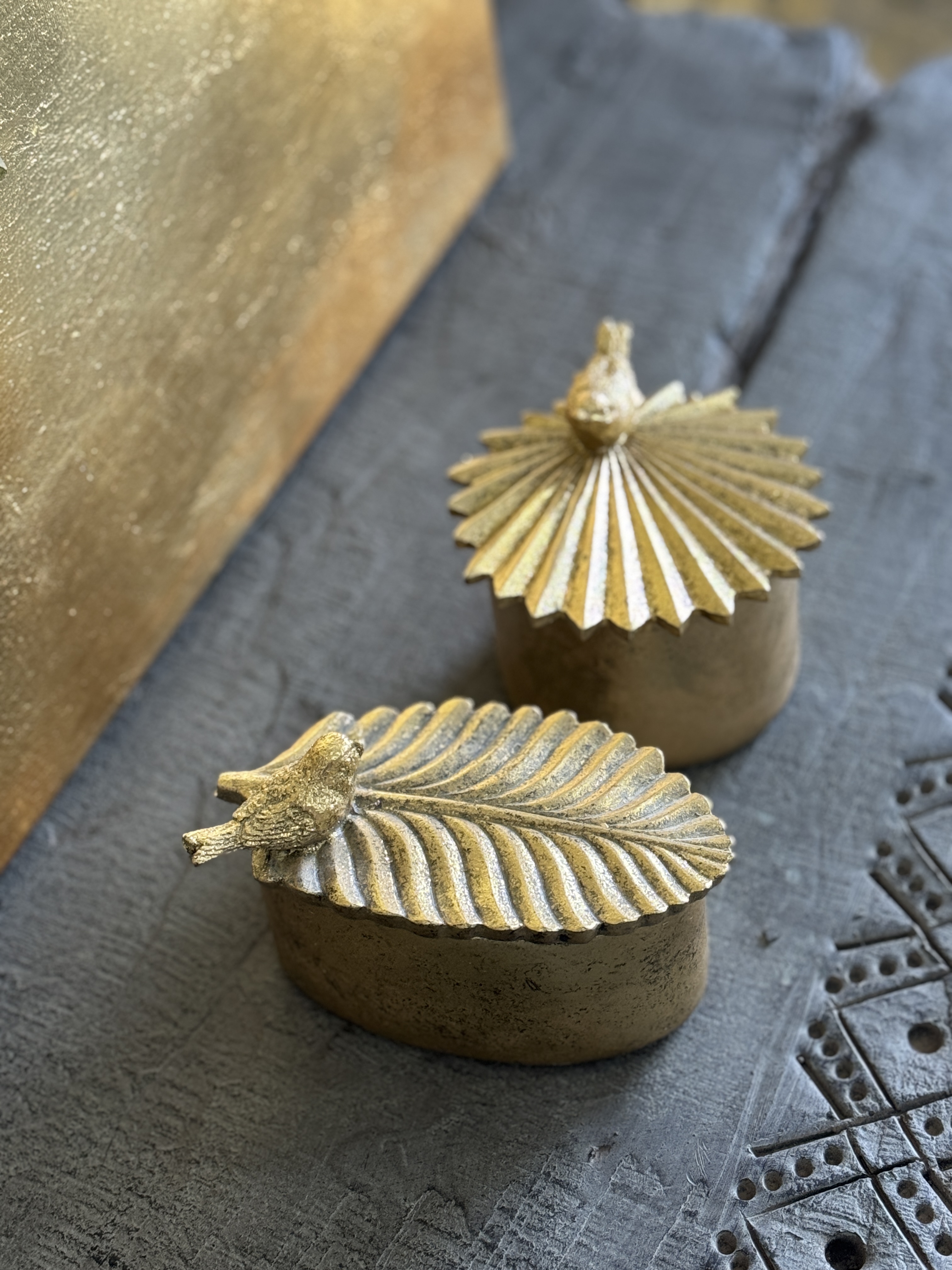 ABhouse金色做旧斑驳金箔漆树脂叶子小金雀收纳盒首饰盒玄关摆件