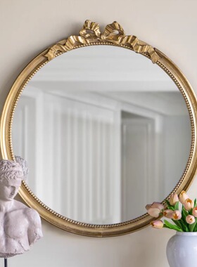 ABhouse出口轻奢金色圆镜挂镜蝴蝶结卧室梳妆镜化妆镜客厅玄关镜
