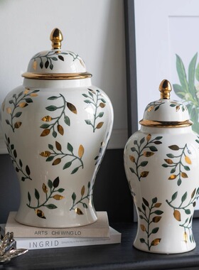 ABHOUSE出口美国小叶子艺术陶瓷花瓶法式瓷器摆件客厅玄关桌装饰