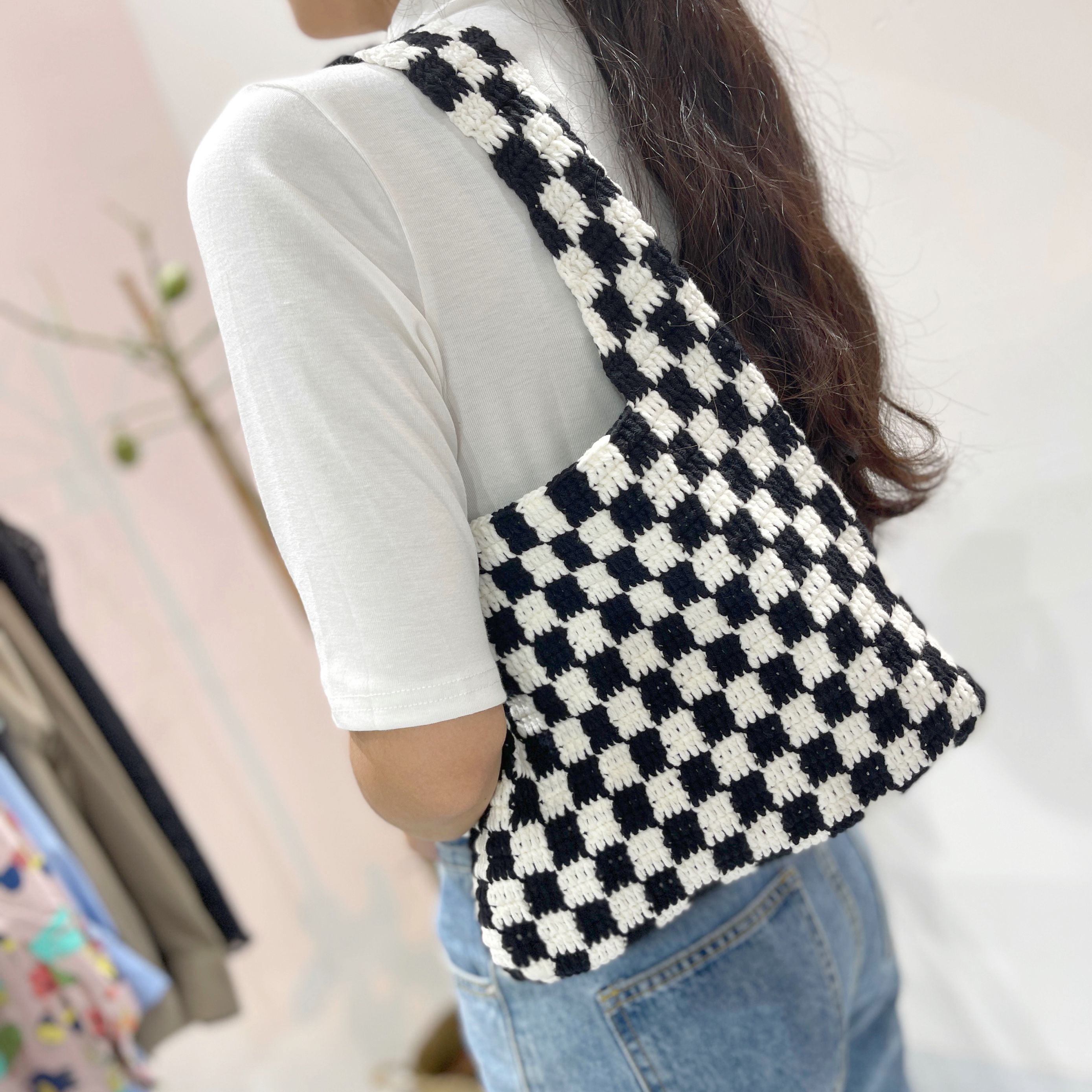 莹手工 diy手工棋盘格编织包格子包单肩包毛线编织钩针毛线材料包