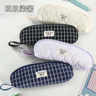 小众风高颜值简约格纹小容量笔袋女生便携文具袋初中生ins风笔袋