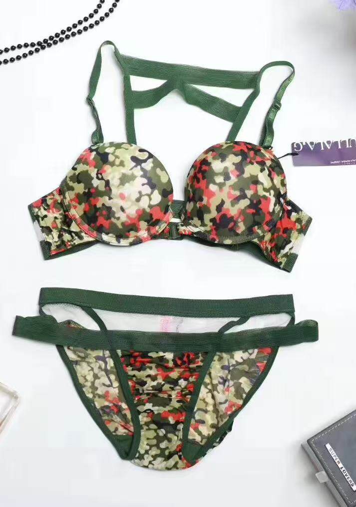 BODY VS BODY韩国女士内衣文胸套装性感舒适胸罩绿色迷彩聚拢集中