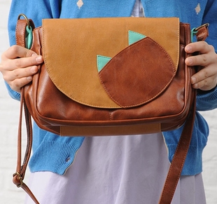 森系学院风百搭拼色合成皮革可爱猫咪高质感女款斜挎包休闲PU小包