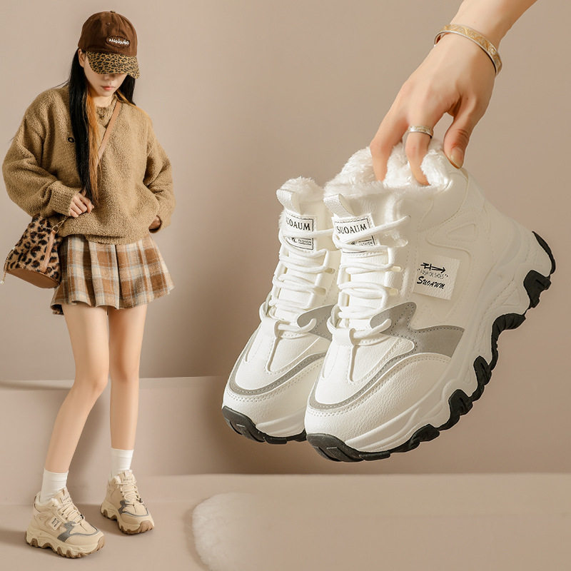 高帮鞋女2025新款冬季厚底棉鞋韩版百搭老爹运动休闲女鞋加绒H012