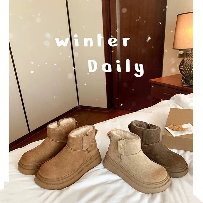 羊毛版~小耳朵加绒厚底擦色棉鞋矮筒羊毛毛短靴女皮毛一体雪地靴