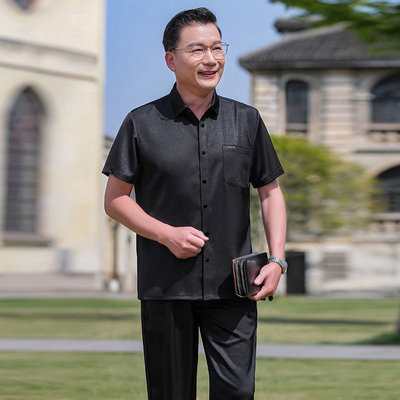 2025夏季新款高档男士无痕商务衬衫中老年人夏季宽松短袖套装休闲
