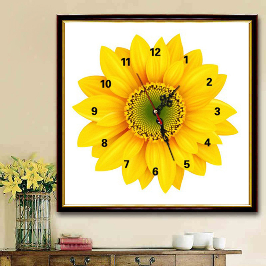 印花向日葵钟表十字绣线绣自己绣简单小幅手工刺绣钟表时钟