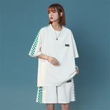 2023夏季中性风短袖绿格拼接卫衣套装男女运动XZ229-1TZ03P85，男装休闲套装，星座301A-2