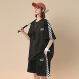 2023夏季中性风短袖绿格拼接卫衣套装男女运动XZ229-1TZ03P85，男装休闲套装，星座301A-2